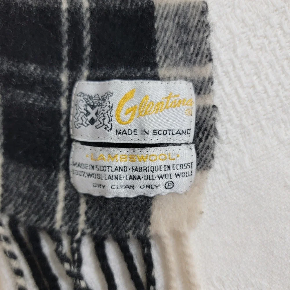 Glentana Scotland Black White Plaid 100%‎ Lambswool Fringed Winter Scarf Unisex